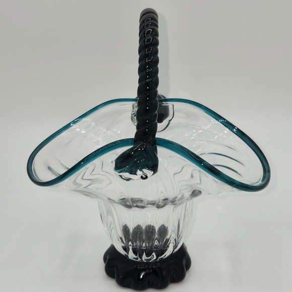 Source Unknown Other - Vintage Clear & Turquoise Hand Blown Optic Glass Basket Applied Rope Handle